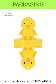 DIY party favor box die cut template design for birthdays, baby showers with cute duck for sweets, candies, small presents. Printable color scheme. Print, cut out, fold, glue. Vector illustration