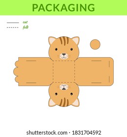 DIY party favor cat box for birthdays, baby showers for sweets, candies, small presents, bakery. Retail box blueprint template. Print, cutout, fold, glue sticker. Vector stock illustration