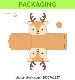 DIY party favor deer box for birthdays, baby showers for sweets, candies, small presents, bakery. Retail box blueprint template. Print, cutout, fold, glue sticker. Vector stock illustration