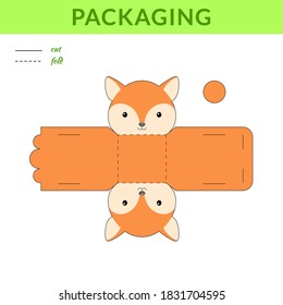 DIY party favor fox box for birthdays, baby showers for sweets, candies, small presents, bakery. Retail box blueprint template. Print, cutout, fold, glue sticker. Vector stock illustration