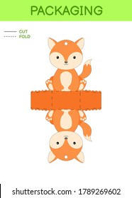 DIY party favor fox die cut template design for birthdays, baby showers with cute fox for sweets, candies, small presents. Printable color scheme. Print, cut out, fold, glue. Vector stock illustration