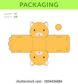 DIY party favor hamster box for birthdays, baby showers for sweets, candies, small presents, bakery. Retail box blueprint template. Print, cutout, fold, glue sticker. Vector stock illustration