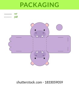 DIY party favor hippo box for birthdays, baby showers for sweets, candies, small presents, bakery. Retail box blueprint template. Print, cutout, fold, glue sticker. Vector stock illustration