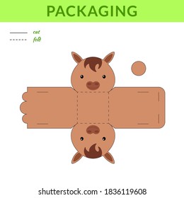 DIY party favor horse box for birthdays, baby showers for sweets, candies, small presents, bakery. Retail box blueprint template. Print, cutout, fold, glue sticker. Vector stock illustration