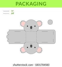DIY party favor koala box for birthdays, baby showers for sweets, candies, small presents, bakery. Retail box blueprint template. Print, cutout, fold, glue sticker. Vector stock illustration