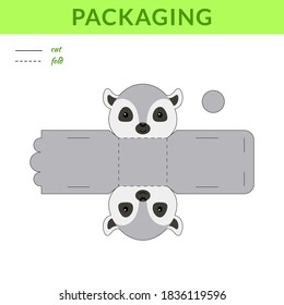 DIY party favor lemur box for birthdays, baby showers for sweets, candies, small presents, bakery. Retail box blueprint template. Print, cutout, fold, glue sticker. Vector stock illustration