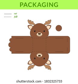 DIY party favor moose box for birthdays, baby showers for sweets, candies, small presents, bakery. Retail box blueprint template. Print, cutout, fold, glue sticker. Vector stock illustration