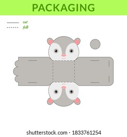 DIY Party Gefallen Opossum Box zum Geburtstag, Baby Duschen für Süßigkeiten, Süßigkeiten, kleine Geschenke, Bäckerei. Vorlage für den Briefkasten. Drucken, ausschneiden, falten, Kleber aufklemmen. Vektorgrafik