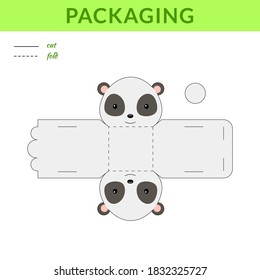 DIY party favor panda box for birthdays, baby showers for sweets, candies, small presents, bakery. Retail box blueprint template. Print, cutout, fold, glue sticker. Vector stock illustration