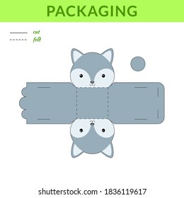 DIY party favor wolf box for birthdays, baby showers for sweets, candies, small presents, bakery. Retail box blueprint template. Print, cutout, fold, glue sticker. Vector stock illustration