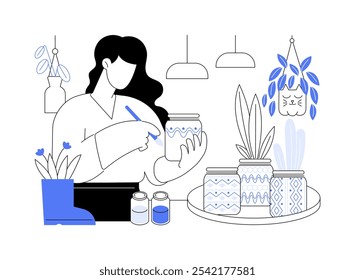 ILUSTRACIONES VECTORIALES de dibujos animados aislados de ollas de bricolaje. Mujer pintando macetas de DIY, movimiento de suprareciclaje, creando tutoriales de decoración caseros, actividad práctica, dibujos animados de Vector de inspiración de jardinería.