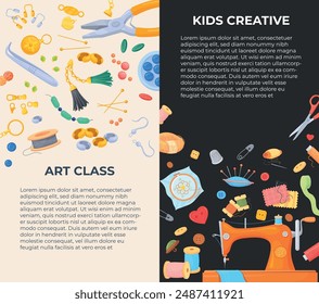 DIY project poster. Handicraft studio creativity workshop, handmade handcraft work kid or people sewing embroidery or jewerly repair needlecraft hobby school vector illustration