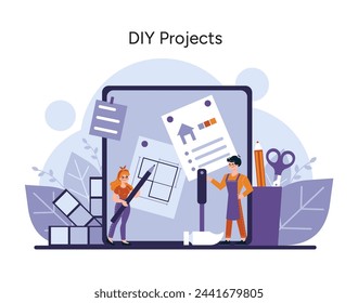 DIY Projects set. Creative souls immerse in the art of crafting, surrounded by tools and blueprints, celebrating the joy of handmade endeavors. Vector illustration