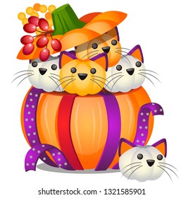 DIY pumpkin in the form of small kittens isolated on white background. Vector cartoon close-up illustration.