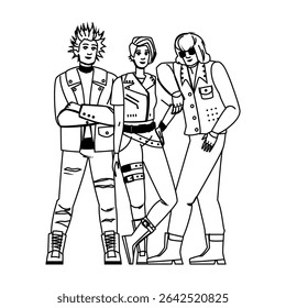 diy punk band vector. rebellion underground, attitude subculture, scene alternative diy punk band character. people black line pencil drawing illustration