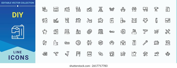 Diy related icon set. Thin icons set. Contains outline symbols like creative, homemade, hand-made, craft, paint. Editable stroke collections. Hand-Made icon collection.