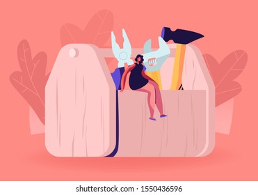 Diy Repair Concept. Tiny Woman Sitting on Huge Tools Box with Hammer Wrench and Pliers. Engineering Construction House Renovation, Architect Building Company Service. Cartoon Flat Vector Illustration