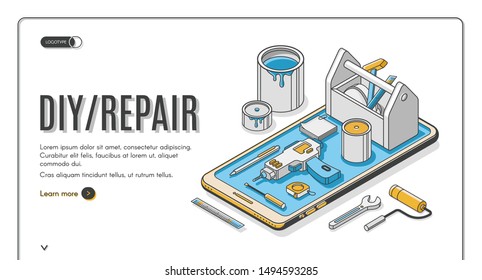 Diy repair isometric landing page, engineering construction service tools for house renovation on huge mobile phone screen. Architect building company service, 3d vector web banner template, line art