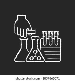 DIY science chalk white icon on black background. Lab research. Chemistry project. Glassware with liquid. Chemical experiment for school laboratory. Isolated vector chalkboard illustration
