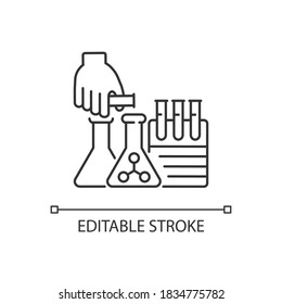 DIY science linear icon. Lab research. Glassware with liquid. Pharmaceutical development. Thin line customizable illustration. Contour symbol. Vector isolated outline drawing. Editable stroke