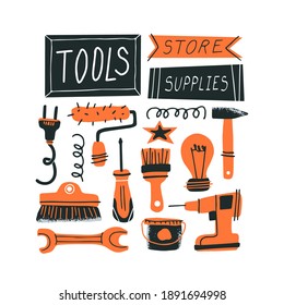 DIY shop concept. Do it yourself tools and hand drawn lettering. Vector illustration of instruments for home renovation and decor in a flat style. Perfect for poster, banner or flyer