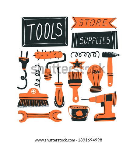 DIY shop concept. Do it yourself tools and hand drawn lettering. Vector illustration of instruments for home renovation and decor in a flat style. Perfect for poster, banner or flyer