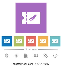 DIY shop discount coupon flat white icons in square backgrounds. 6 bonus icons included.