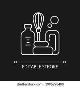 DIY soap white linear icon for dark theme. Natural and aromatic product. Melt-and-pour soap. Thin line customizable illustration. Isolated vector contour symbol for night mode. Editable stroke