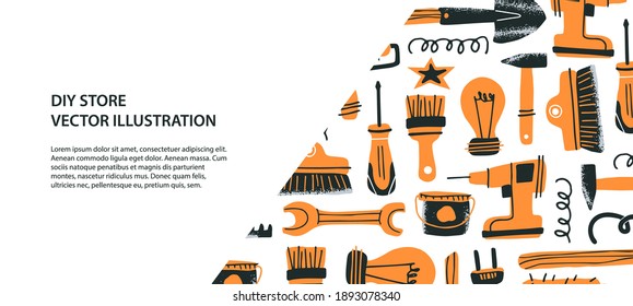 DIY store concept. Banner template. Vector illustration of tools for home renovation and decor in a flat style. Perfect for hardware store poster, flyer, commercial