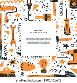 DIY store concept. Flyer or card template. Vector illustration of tools for home renovation and decor in a flat style. Perfect for hardware store poster, banner