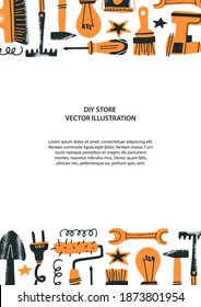DIY store concept. Flyer template. Vector illustration of tools for home renovation and decor in a flat style. Perfect for hardware store poster, banner