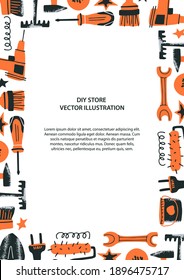 DIY store concept. Flyer template. Vector illustration of tools for home renovation and decor in a flat style. Perfect for hardware store poster, banner