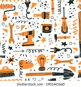 DIY store concept. Home renovation tools seamless pattern. Vector illustration of instruments and supplies in a flat style. Perfect for hardware store poster, flyer, wrapping paper or textile