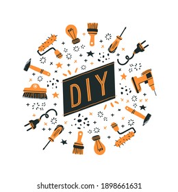 DIY store concept. Vector illustration of instruments for home renovation and shop departments in a flat style with hand drawn lettering. Perfect for hardware store poster, banner or flyer