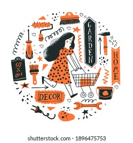 DIY store concept. Woman running with her shopping cart. Vector illustration of tools for home renovation in a flat and hand drawn style. Perfect for hardware store poster, banner or flyer