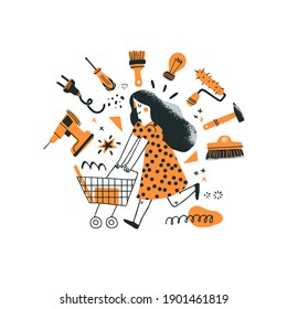 DIY store concept. Woman running with her shopping cart. Vector illustration of tools for home renovation in a flat and hand drawn style. Perfect for hardware store poster, banner or flyer