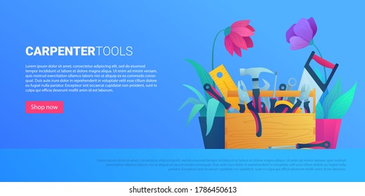 DIY store web banner with carpenter tools. Hammer, pliers, handsaw, level, adjustable spanner, wrench, tape measure and screwdrivers in wooden toolbox. Woodworking instruments set vector illustration.