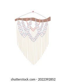 Decoración de diseño dietético, nudos artesanales hechos a mano. Macrame con franjas.  estilo bohemio, 
panel de cordón, colgante de pared. Aislado sobre fondo blanco. Ilustración vectorial.