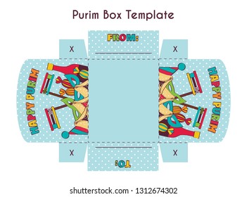 Diy template fot purim basket with Happy purim inscription- handmade mishloach manot-vector illustration