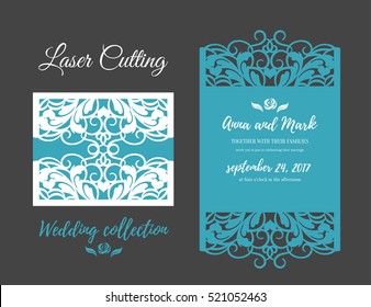 DIY Template For Laser Cutting. Open Card. The Front And Rear Side. Vector Can Be Used As An Envelope. Wedding Die Cut Invitation Template. Cutout Silhouette Card Invitation Card Mockup