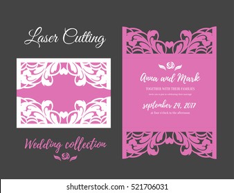 DIY Template For Laser Cutting. Open Card. The Front And Rear Side. Vector Can Be Used As An Envelope. Wedding Die Cut Invitation Template. Cutout Silhouette Card Invitation Card Mockup