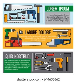 Diy tool banners. Carpenter or home mechanic vector workshop tools cards design