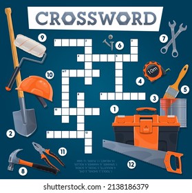 DIY tools crossword grid worksheet. Find a word quiz game, children intellectual puzzle or vocabulary game riddle. Children playing activity with house repair, construction hand tools and equipment