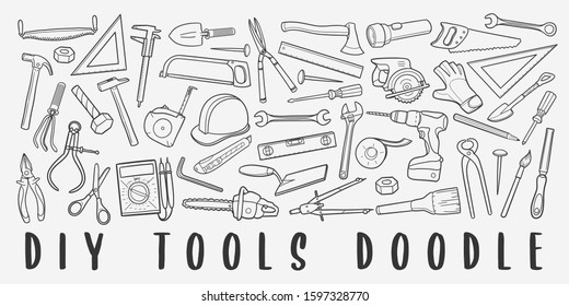 DIY Tools Doodle Line Art Illustration. Hand Drawn Vector Clip Art. Banner Set Logos.