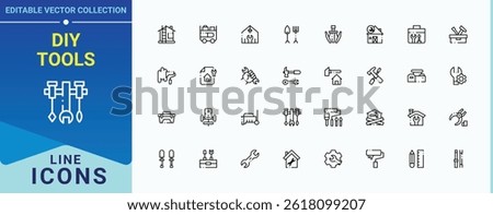 DIY Tools icon set. Contain linear symbols house, home, tools, interior, repair, housework and more. Home Repair Tools icon set. Minimal linear icons. Vector artwork and illustration.