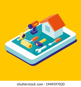 DIY tools on a touch screen smartphone, do it yourself app concept, 3D illustration