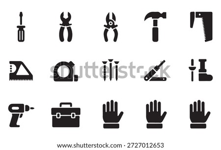 DIY tools set icons screwdriver pliers hammer saw drill toolbox nails gloves equipment