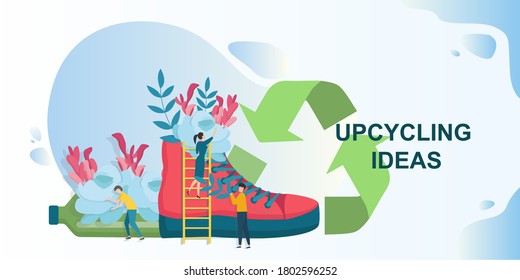 DIY Upcycling Ideas Concept. Old Shoe And Plastic Bottle Used For Growing Plants, Creative Vector Illustration In Flat Style. Panorama