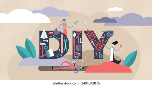 DIY vector illustration. Flat tiny do it yourself work tools persons concept. Self construction, repair, improvement and renovation hobby. Abstract maintenance handmade fix with professional equipment