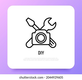 DIY video thin line icon: camera with work tools. Modern vector illustration for blogger logo.